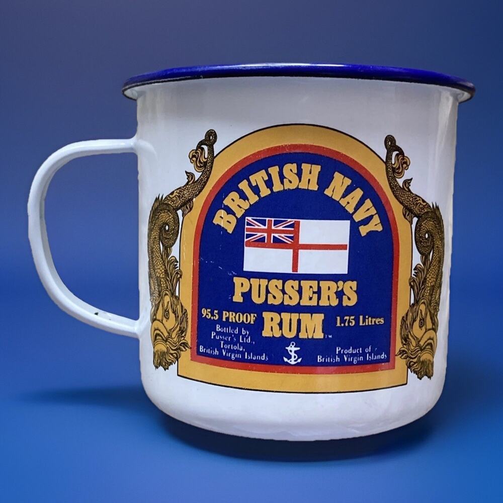 British Navy Pusser's Rum Enameled Tin Mug w/ Royal Navy Rum Terminology on Back